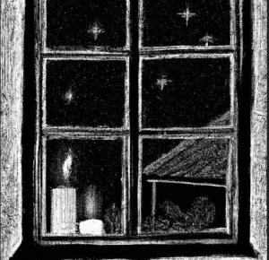 B&W drawing of a candle in a window.